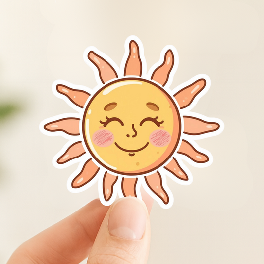 Smiling Sun Retro Face | Kawaii | White Satin Vinyl | Kiss-Cut Sticker
