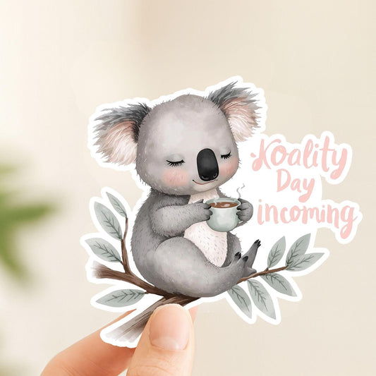 Koality Day Incoming Koala Coffee | Cozy Aussie | White Gloss Vinyl | Die-Cut Sticker