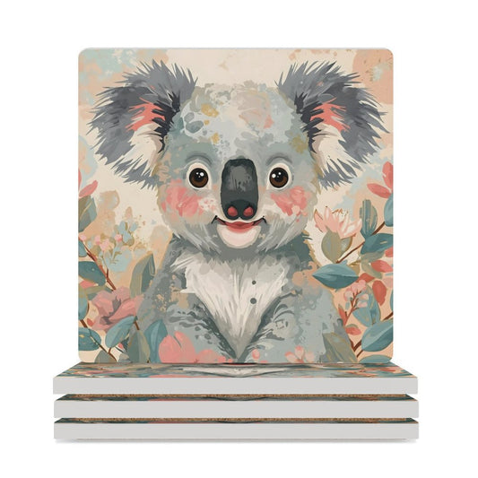 Koala in Bloom Dreamy Pastel Coasters — US-Made, Set of 4