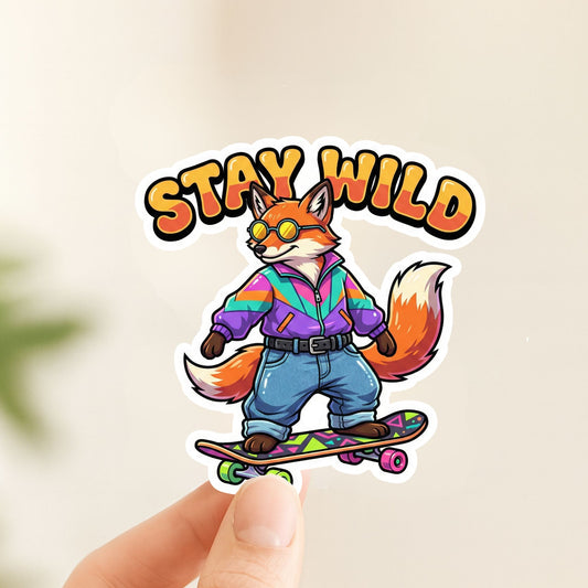Stay Wild Skater Fox | 90s Retro | White Vinyl | Die-Cut Sticker