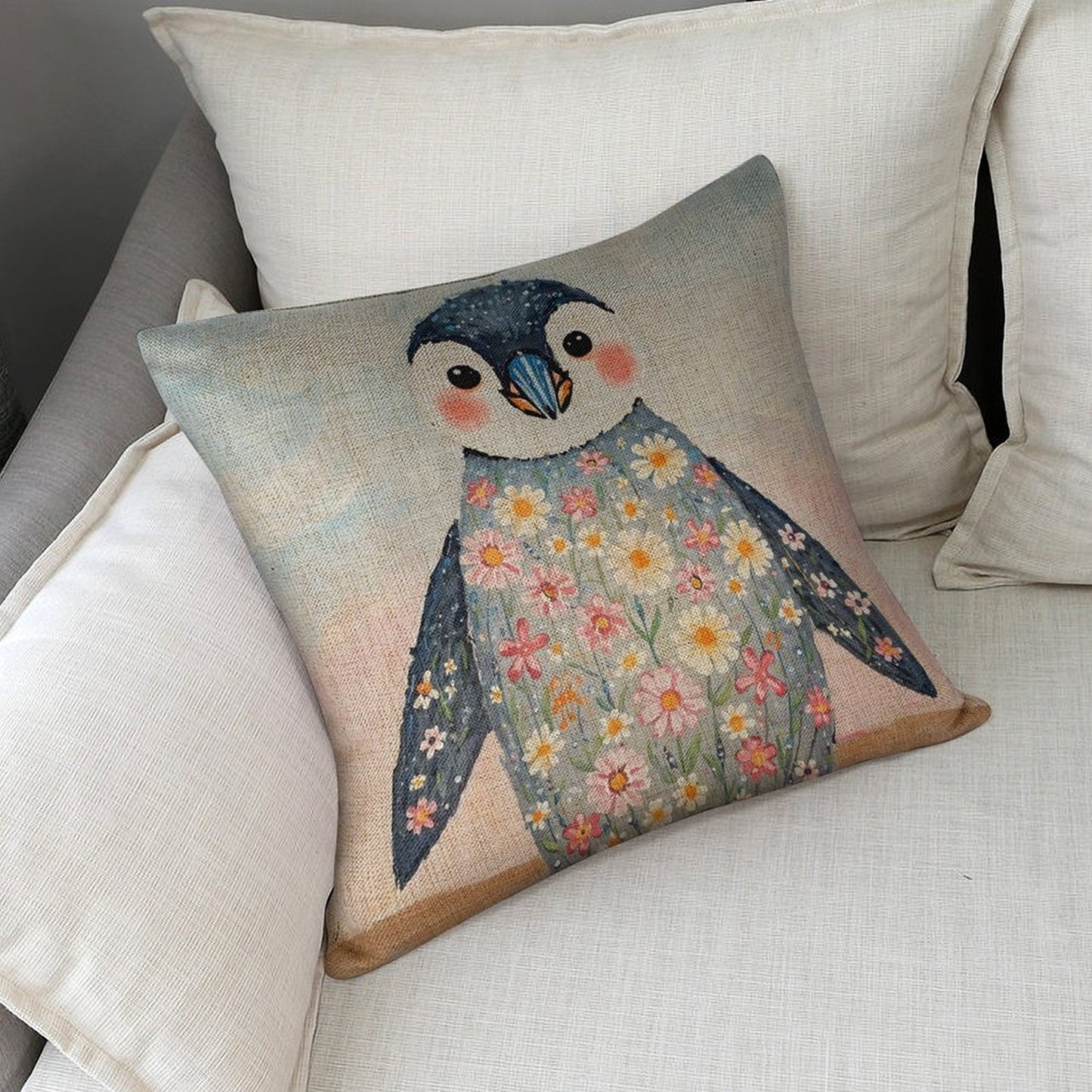 Floral Penguin Whimsical Illustration Cushion Cover — US-Made, Single-Sided Print, 45×45cm