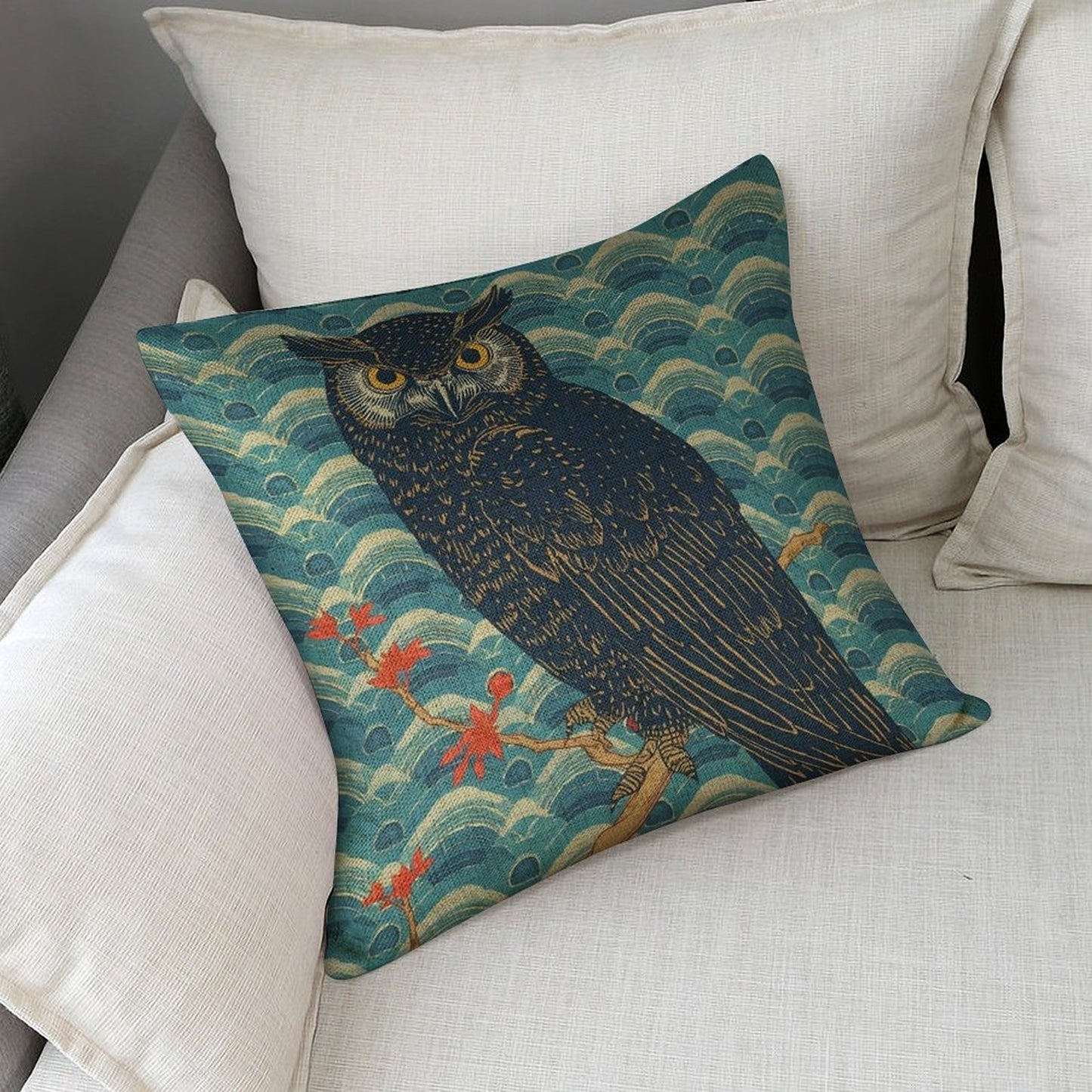 Majestic Owl Japanese Ukiyo-e Cushion Cover — US-Made, Single-Sided Print, 45×45cm