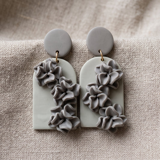Handmade Polymer Clay Floral Drop Earrings Grey Charcoal Gold Tone Statement New