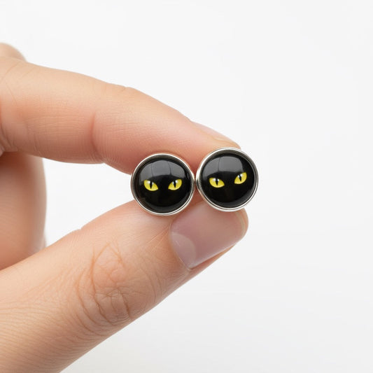 Black Cat Eyes Stud Earrings, Handmade Glass Cabochon Studs
