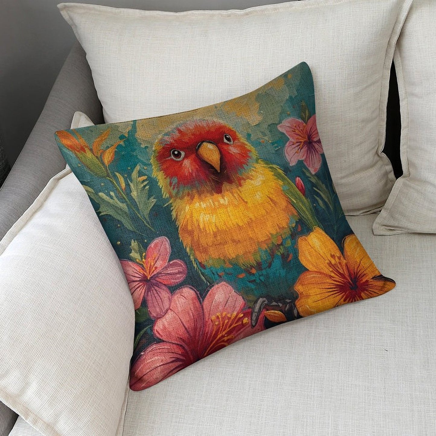 Tropical Lovebird Vivid Illustration Cushion Cover — US-Made, Single-Sided Print, 45×45cm