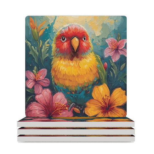 Tropical Lovebird Vivid Illustration Coasters — US-Made, Set of 4