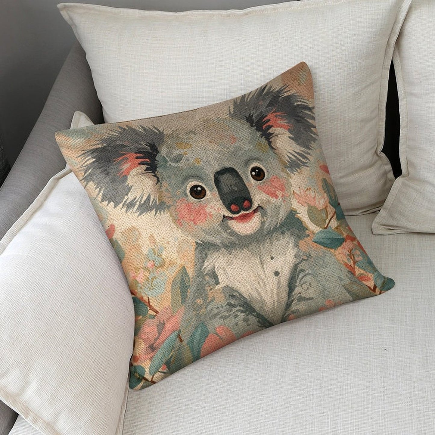 Koala in Bloom Dreamy Watercolour Cushion Cover — US-Made, Single-Sided Print, 45×45cm
