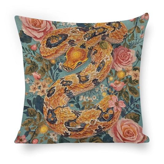 Serpent & Roses Botanical Serpent Illustration Cushion Cover — US-Made, Single-Sided Print, 45×45cm