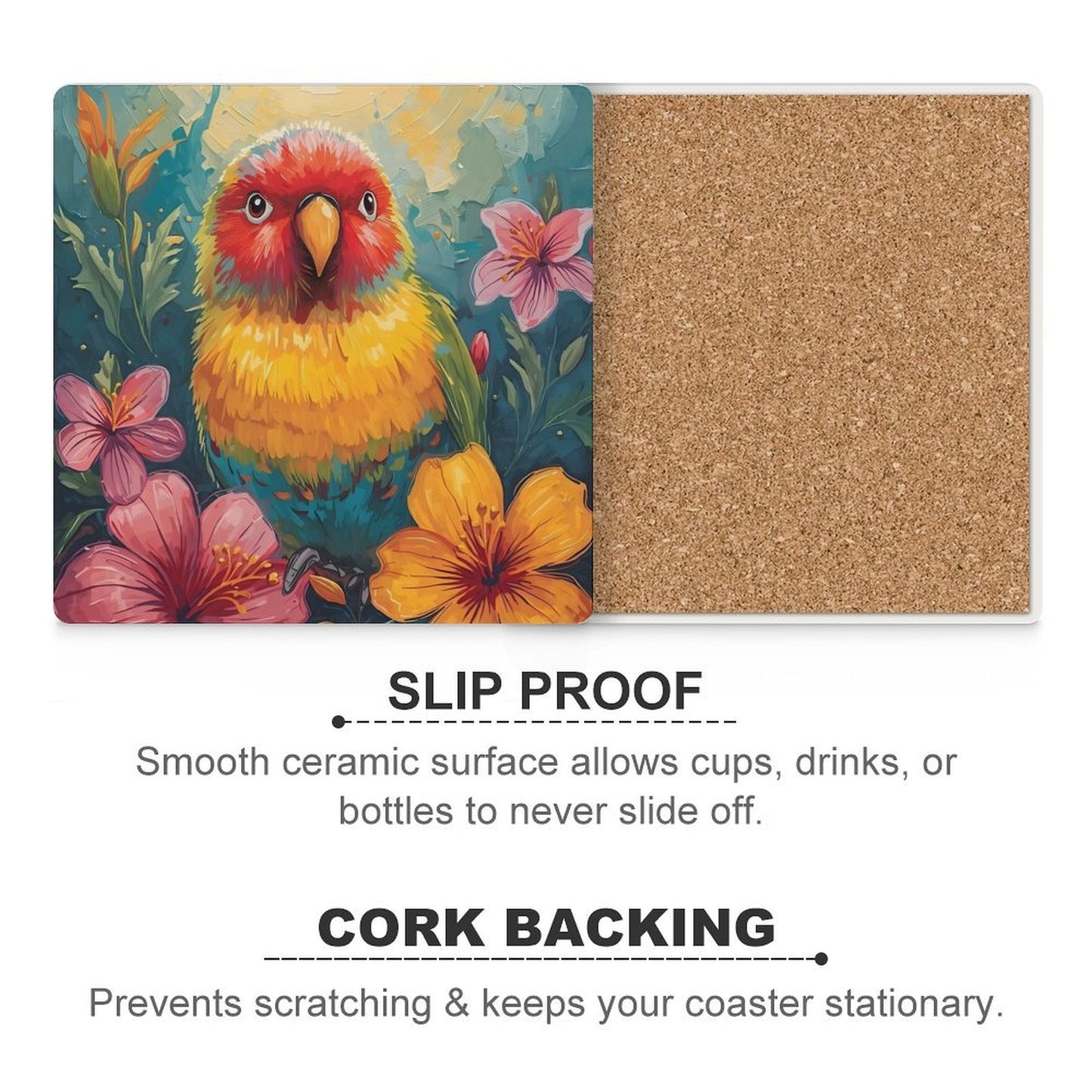 Tropical Lovebird Vivid Illustration Coasters — US-Made, Set of 4
