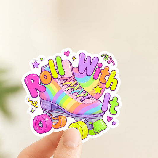 Roll With It Rainbow Skate | Retro Skater | Iridescent Vinyl | Die-Cut Sticker