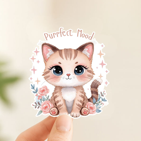 Purrfect Mood Tabby Kitten | Cozy Aesthetic | White Vinyl | Die-Cut Sticker