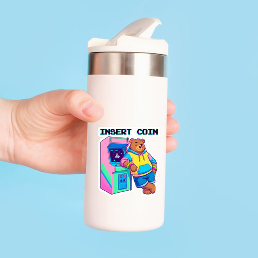 Insert Coin Arcade Bear | Retro Gamer | White Vinyl | Die-Cut Sticker