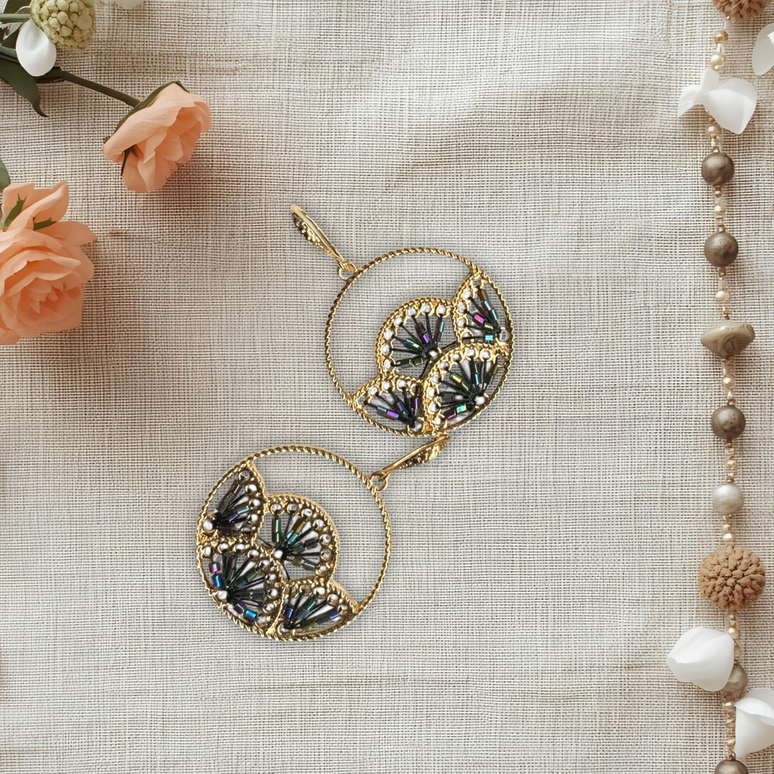 Woven fan drop earrings, alternate angle