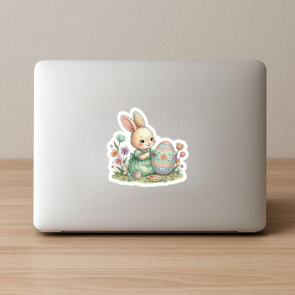 Easter Bunny Painting Spring Floral | Easter Decal | White Vinyl | Die-Cut Sticker