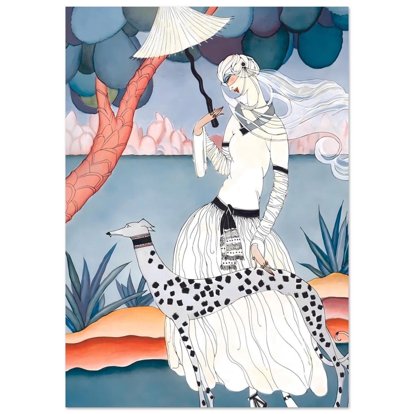 Ms Vogue & Her Spotted Hound Art Deco Wall Art Poster A1 (59.4 x 84.1 cm)