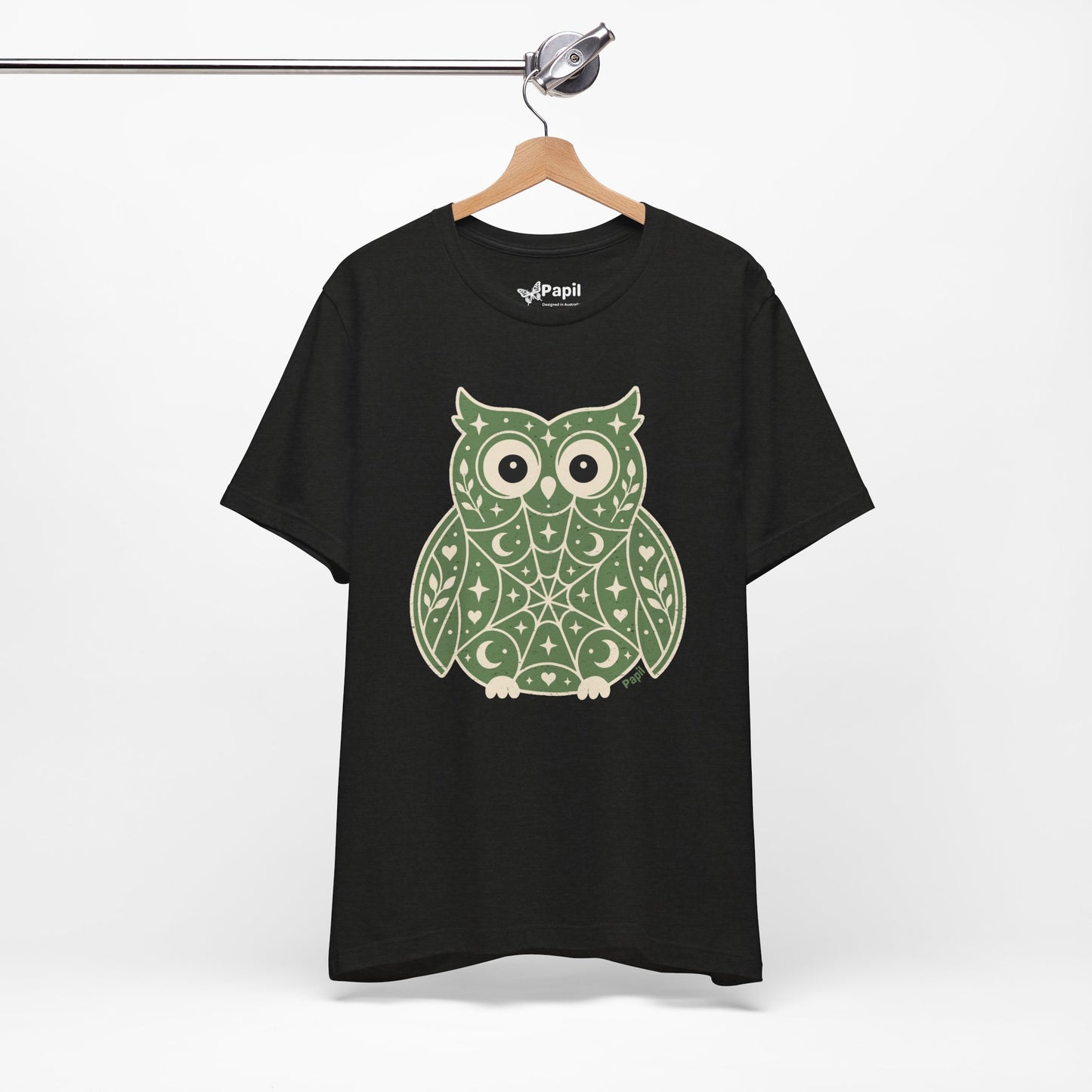 Enchanted Owl Halloween Tee, Whimsical Woodland Graphic (Green)