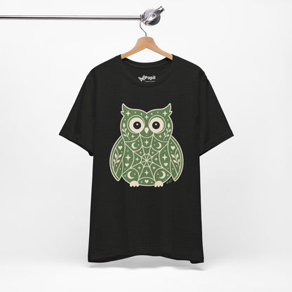 Enchanted Owl Halloween Tee, Whimsical Woodland Graphic (Green)