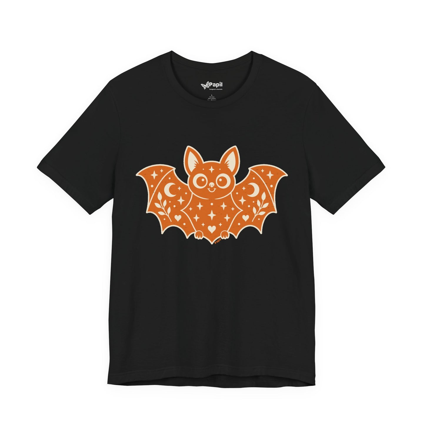 Soft But Spooky — Cute Halloween Bat Graphic Tee Orange Bat Black Tee