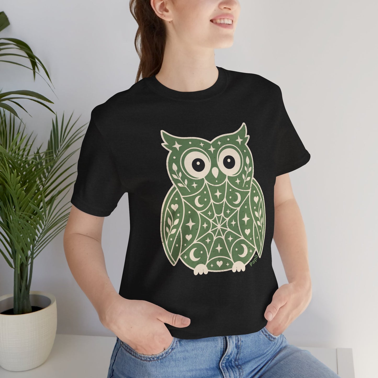 Enchanted Owl Halloween Tee, Whimsical Woodland Graphic (Green)