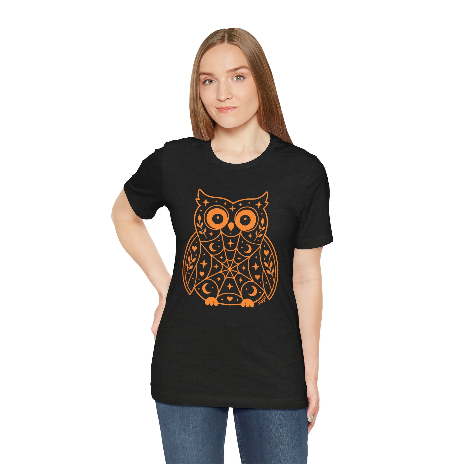 Enchanted Owl Halloween Tee, Whimsical Woodland Graphic (Black)
