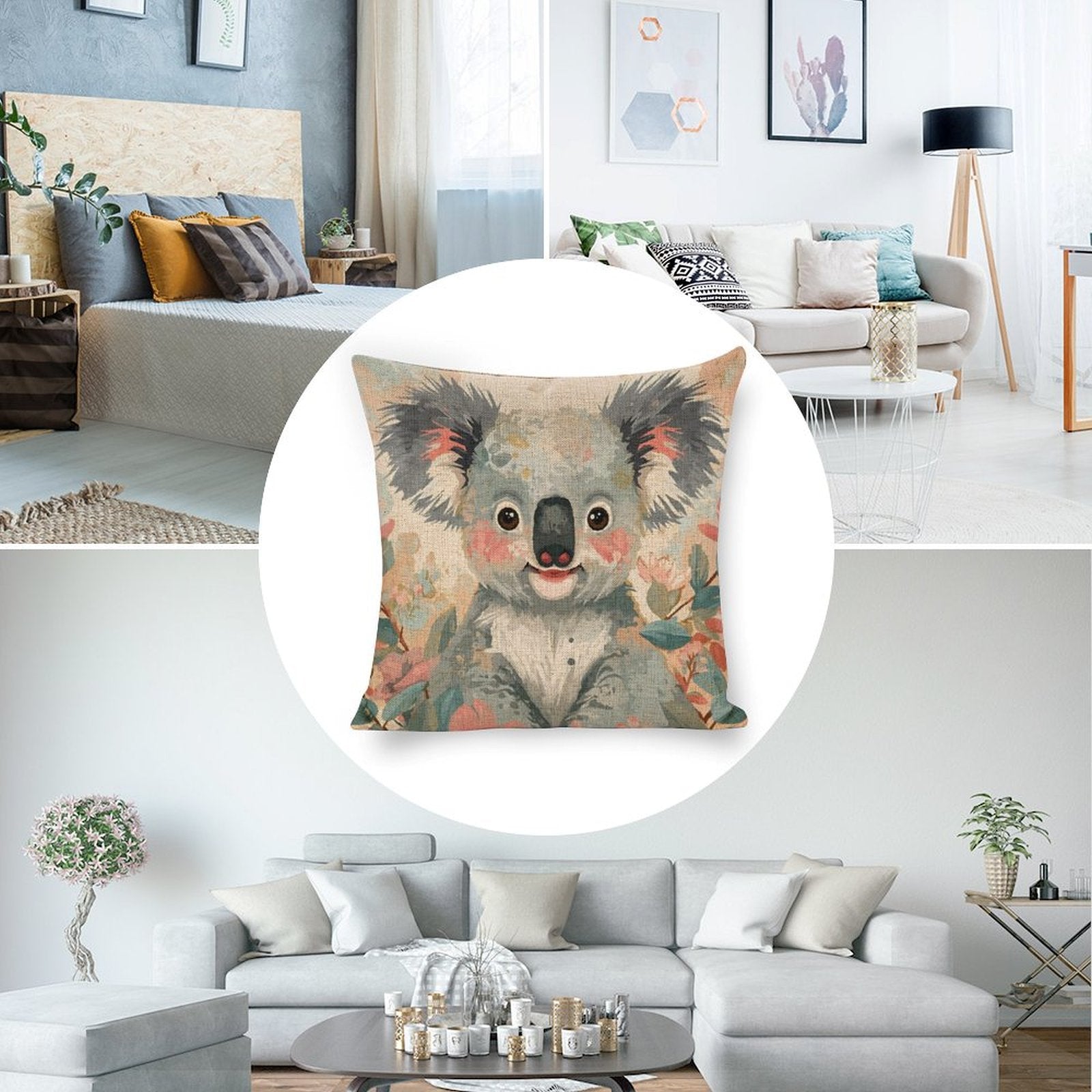 Koala in Bloom Dreamy Watercolour Cushion Cover — US-Made, Single-Sided Print, 45×45cm