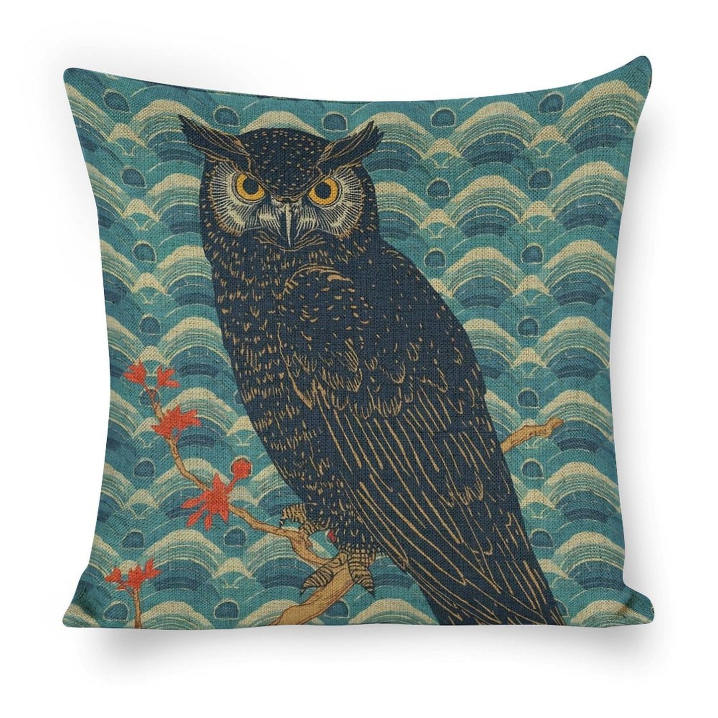 Majestic Owl Japanese Ukiyo-e Cushion Cover — US-Made, Single-Sided Print, 45×45cm