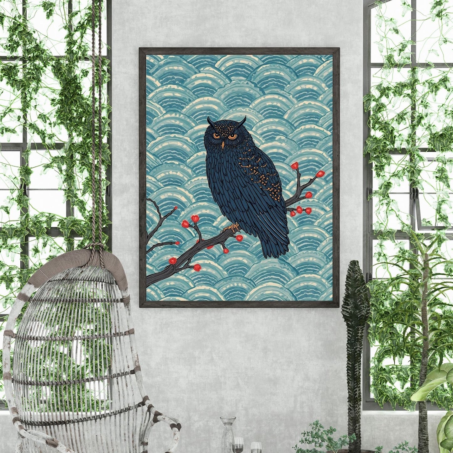 Midnight Owl Japanese Art Wall Poster