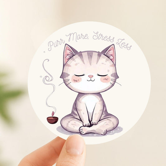 Purr More Stress Less Meditating Cat | Mindfulness | White Gloss Vinyl | Die-Cut Sticker