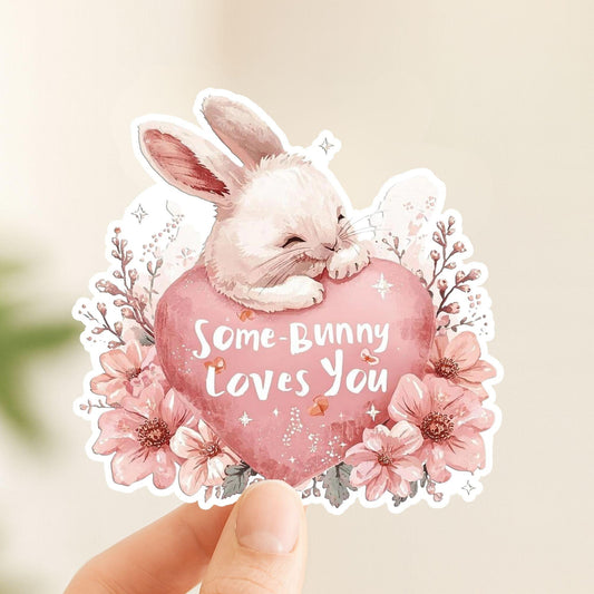 Some-Bunny Loves You Heart | Romantic | White Gloss Vinyl | Die-Cut Sticker