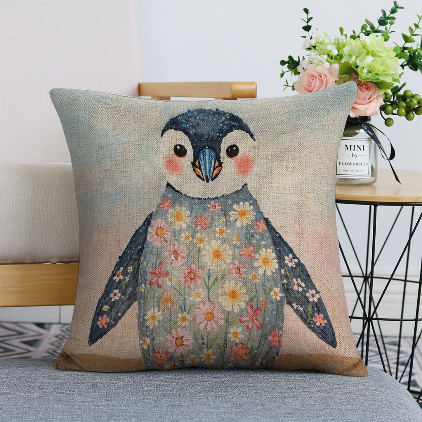 Floral Penguin Whimsical Illustration Cushion Cover — US-Made, Single-Sided Print, 45×45cm