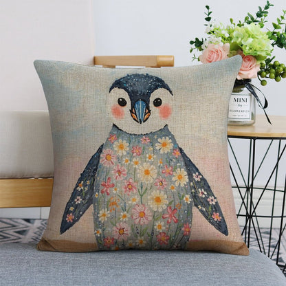 Floral Penguin Whimsical Illustration Cushion Cover — US-Made, Single-Sided Print, 45×45cm