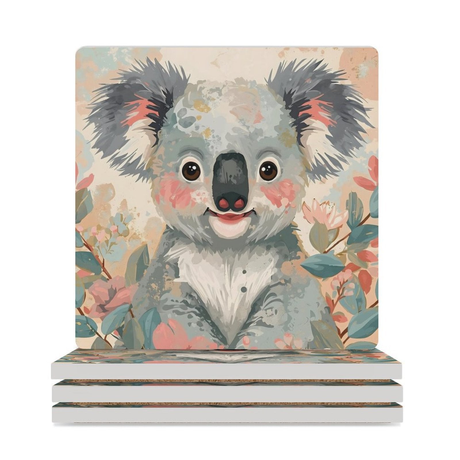 Koala in Bloom Dreamy Pastel Coasters — US-Made, Set of 4