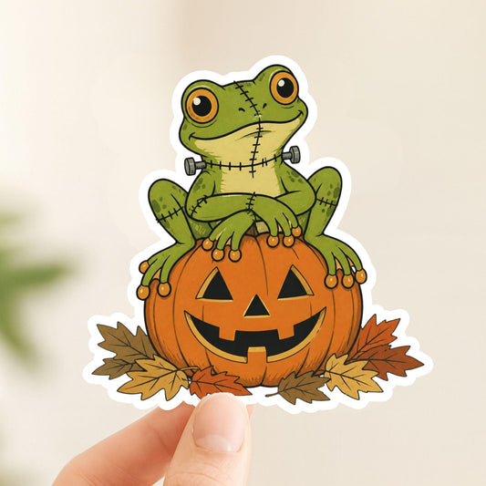 Franken-Frog on Jack-O'-Lantern | Halloween Vintage | White Vinyl | Die-Cut Sticker