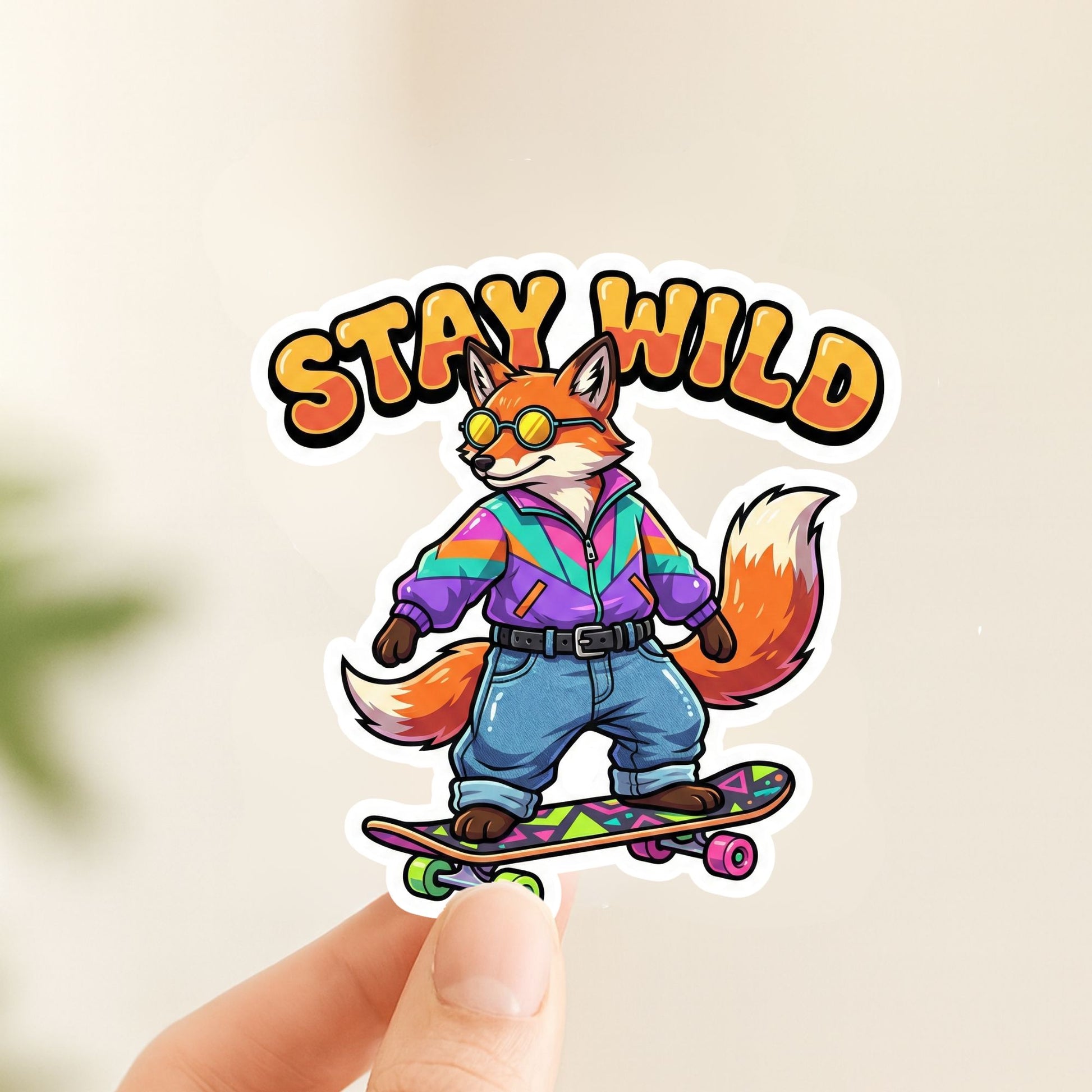 Stay Wild Skater Fox | 90s Retro | White Vinyl | Die-Cut Sticker