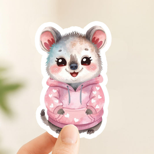 Quokka in Hoodie Pink Hearts | Kawaii | White Gloss Vinyl | Die-Cut Sticker
