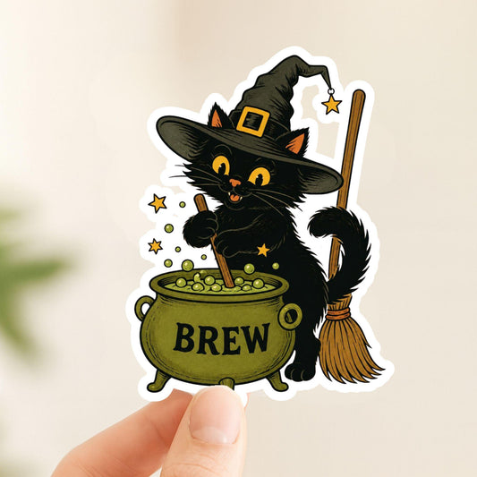 Witchy Cat Bubbling Cauldron | Halloween Vintage | White Vinyl | Die-Cut Sticker
