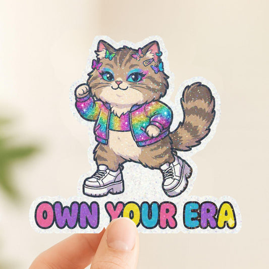 Own Your Era Fashion Cat | Pop Aesthetic | Glitter Vinyl | Die-Cut Sticker