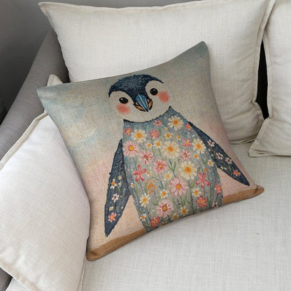 Floral Penguin Whimsical Illustration Cushion Cover — US-Made, Single-Sided Print, 45×45cm