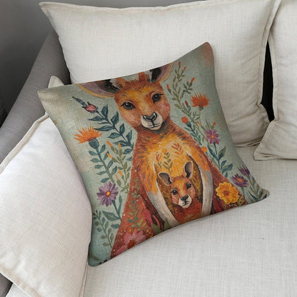 Kangaroo & Joey Australian Wildflower Watercolour Cushion Cover — US-Made, Single-Sided Print, 45×45cm