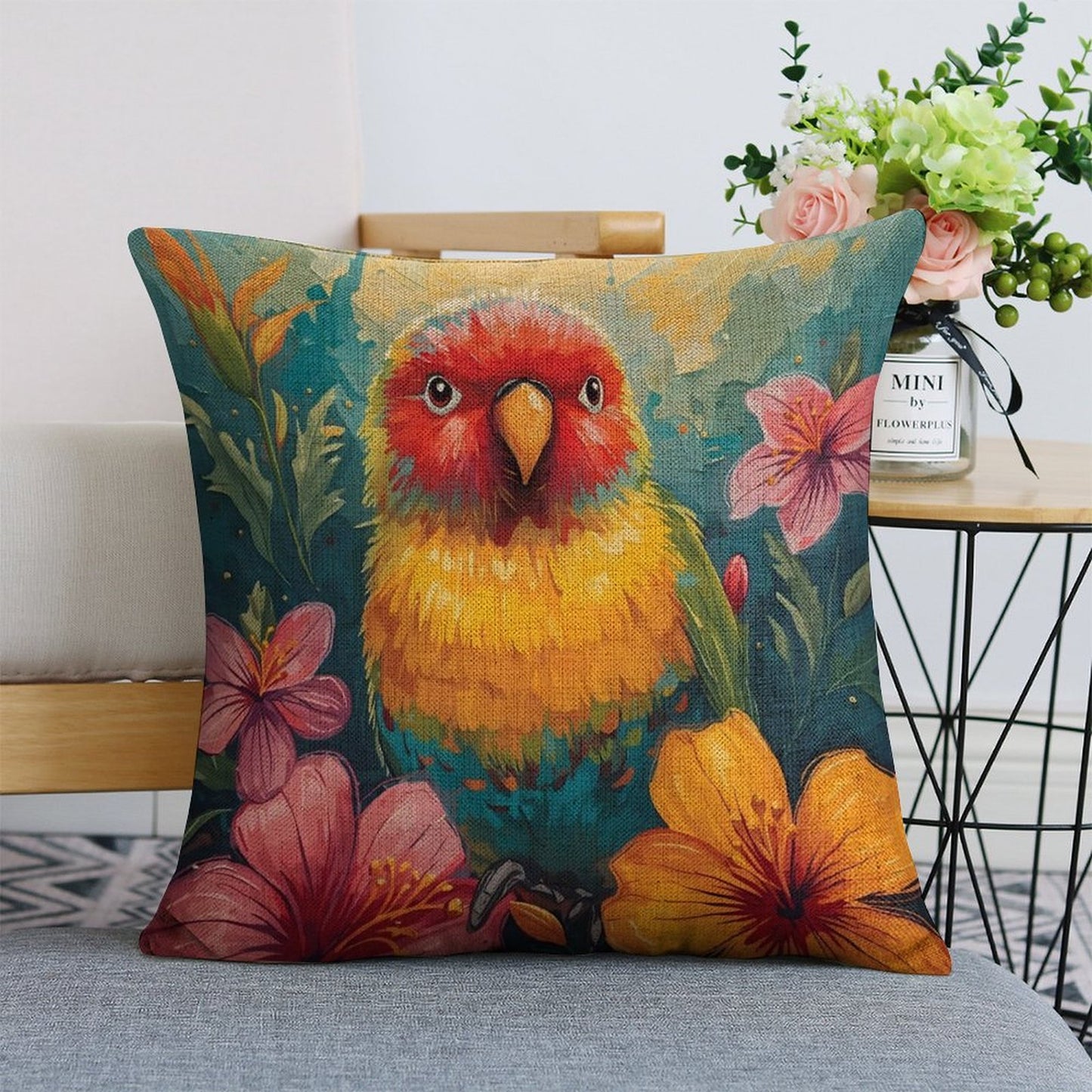 Tropical Lovebird Vivid Illustration Cushion Cover — US-Made, Single-Sided Print, 45×45cm
