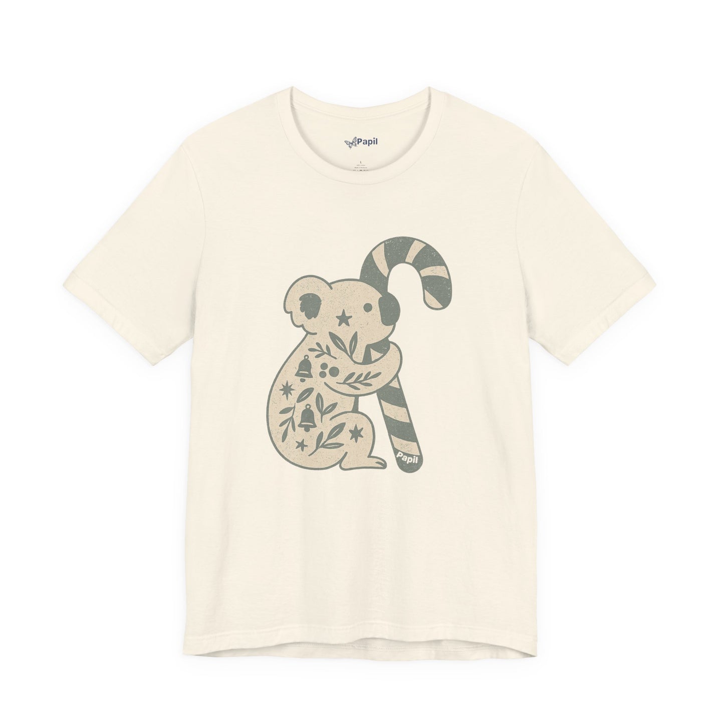 Floral Koala with Candy Cane Christmas Tee | Botanical Animal Woodland T-Shirt Natural