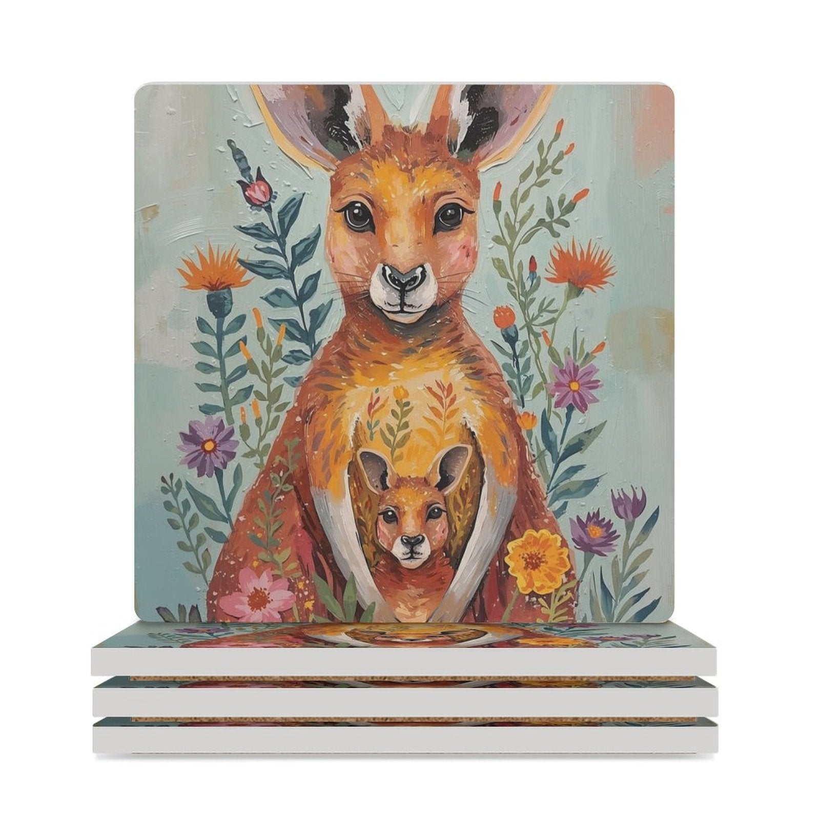 Kangaroo & Joey Australian Wildflower Coasters — US-Made, Set of 4