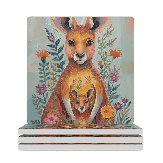 Kangaroo & Joey Australian Wildflower Coasters — US-Made, Set of 4