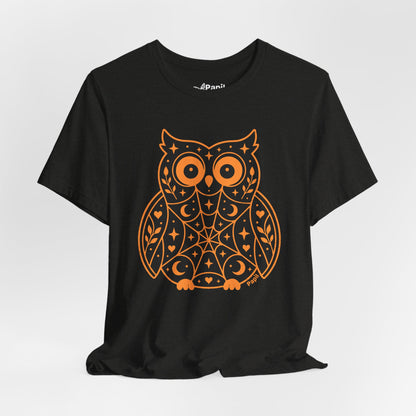 Enchanted Owl Halloween Tee, Whimsical Woodland Graphic (Black)