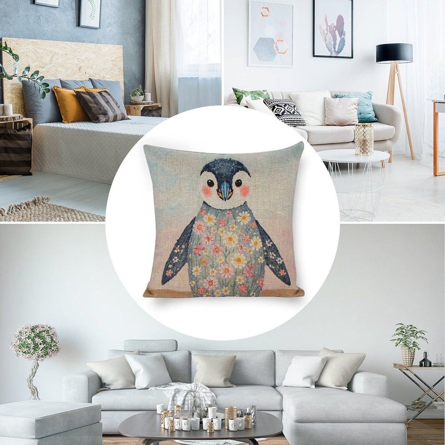 Floral Penguin Whimsical Illustration Cushion Cover — US-Made, Single-Sided Print, 45×45cm