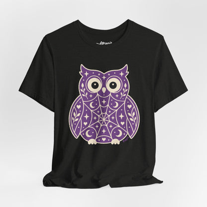 Enchanted Owl Halloween Tee, Whimsical Woodland Graphic (Purple)