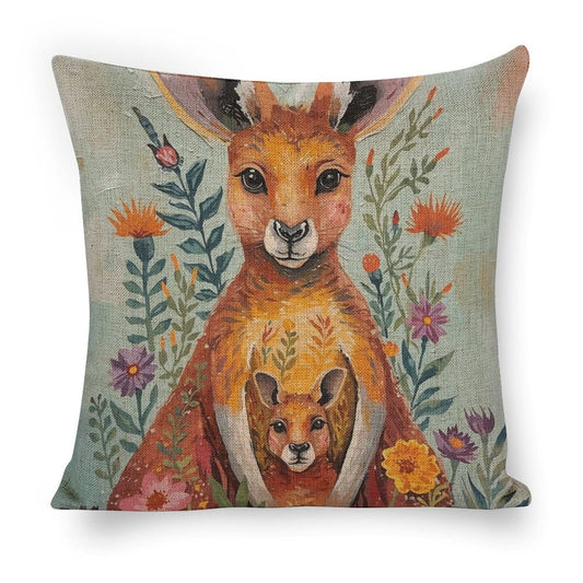 Kangaroo & Joey Australian Wildflower Watercolour Cushion Cover — US-Made, Single-Sided Print, 45×45cm