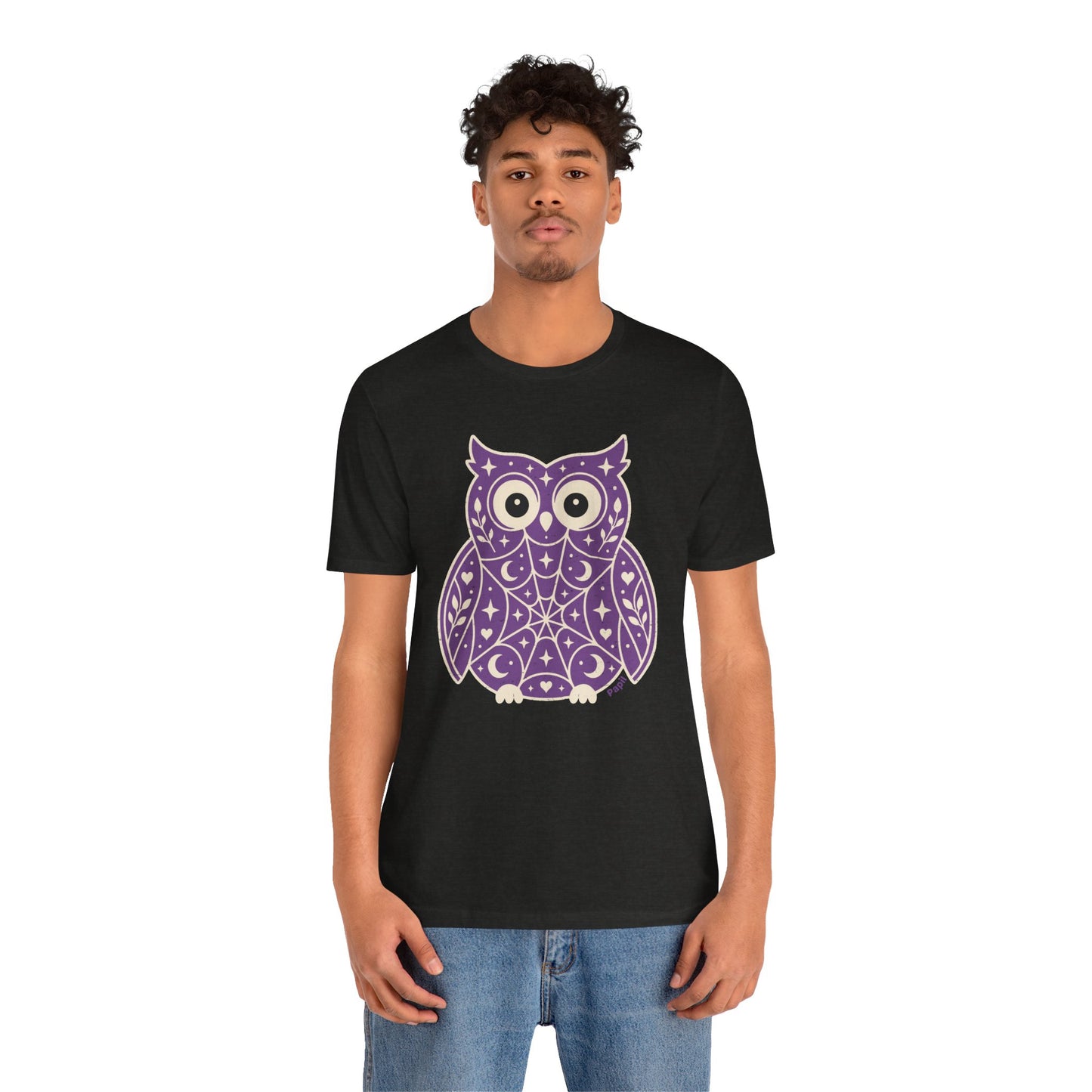 Enchanted Owl Halloween Tee, Whimsical Woodland Graphic (Purple)