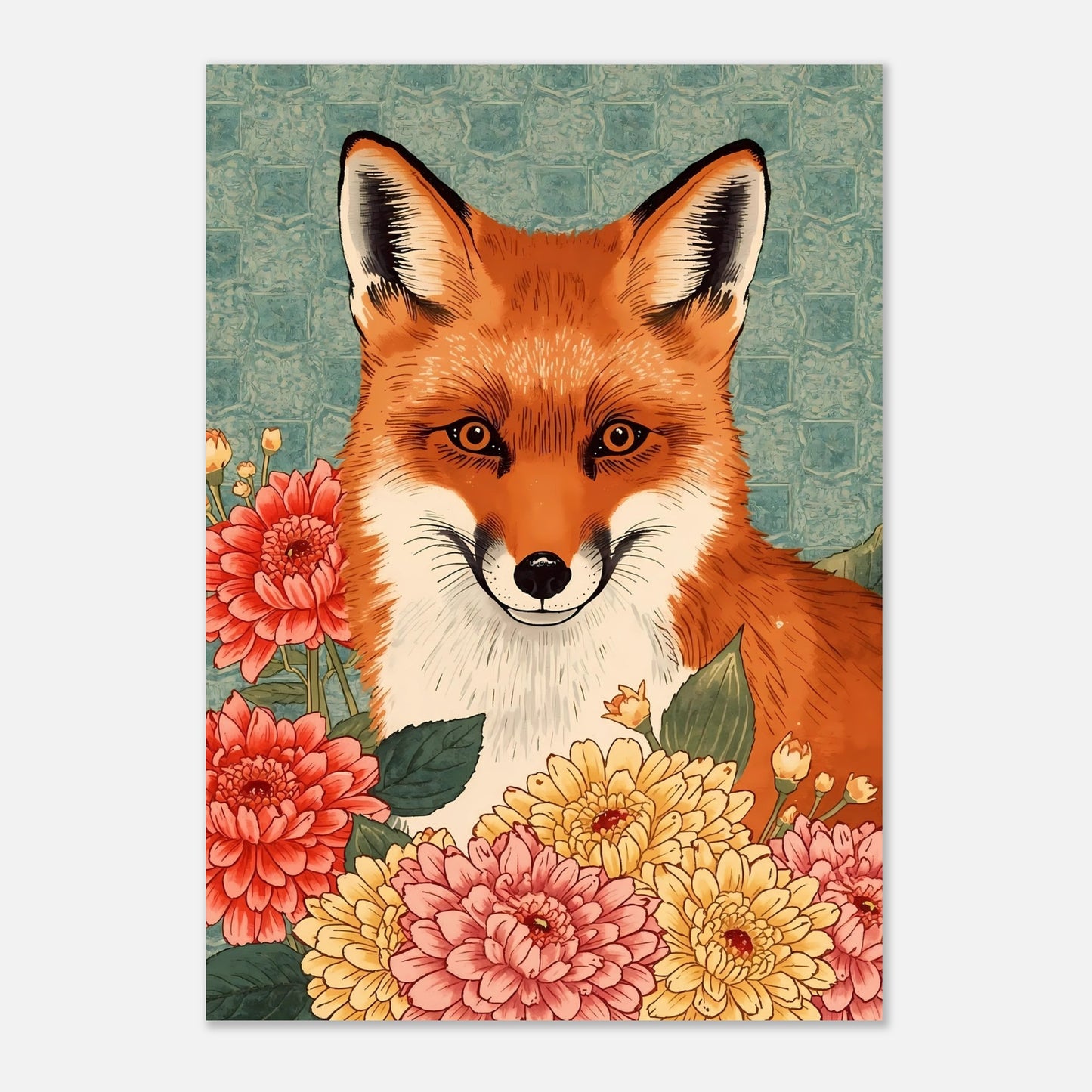 Floral Fox Ukiyo-e Wall Art Poster