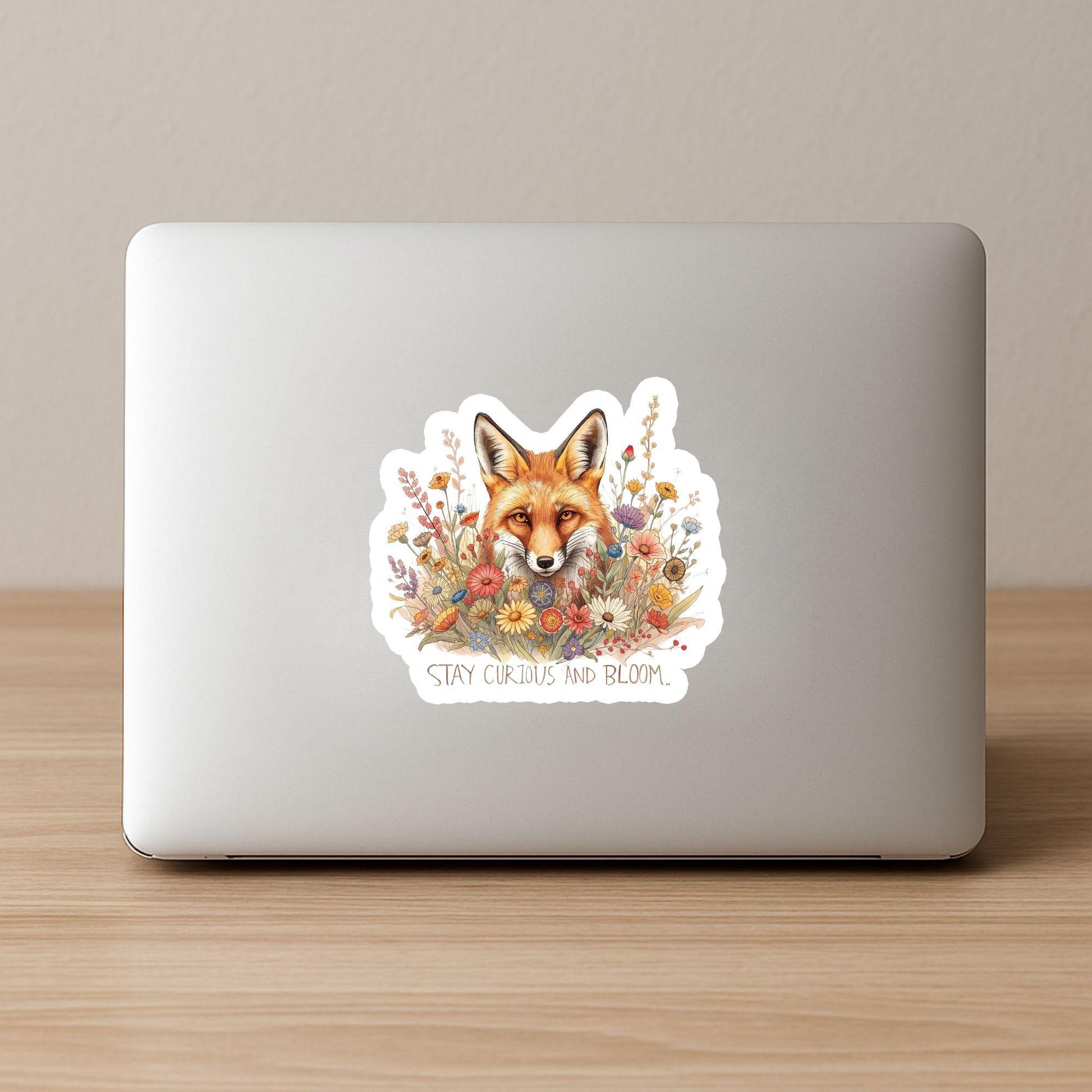 Stay Curious Fox in Wildflowers | Nature | White Gloss Vinyl | Die-Cut Sticker